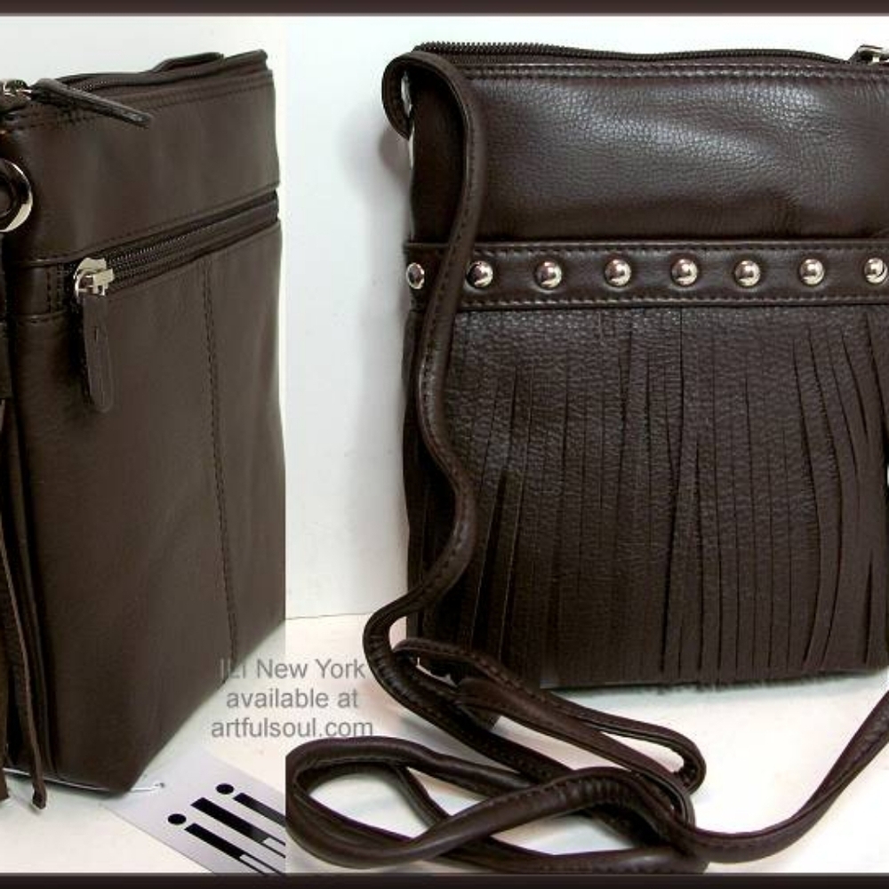 NWOT ILI New York Genuine Leather Fringed dark brown bag